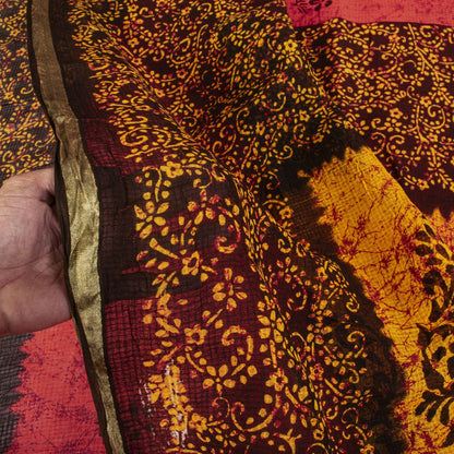 Sanskriti Vintage Saree Red Pure Cotton Batik Style Printed Sari Fabric 5+Yard