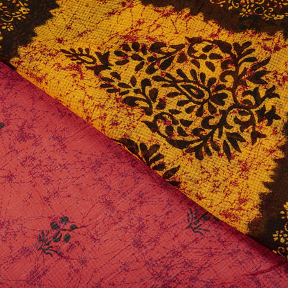 Sanskriti Vintage Saree Red Pure Cotton Batik Style Printed Sari Fabric 5+Yard