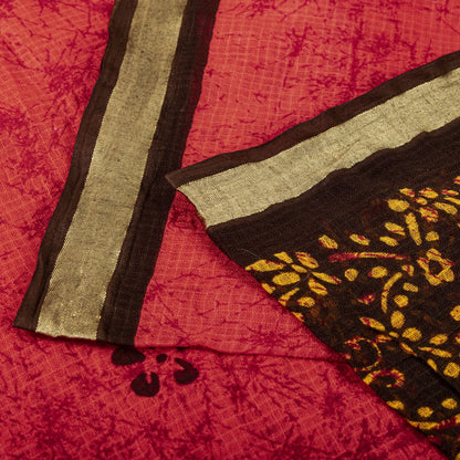 Sanskriti Vintage Saree Red Pure Cotton Batik Style Printed Sari Fabric 5+Yard