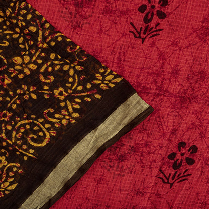 Sanskriti Vintage Saree Red Pure Cotton Batik Style Printed Sari Fabric 5+Yard