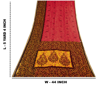 Sanskriti Vintage Saree Red Pure Cotton Batik Style Printed Sari Fabric 5+Yard