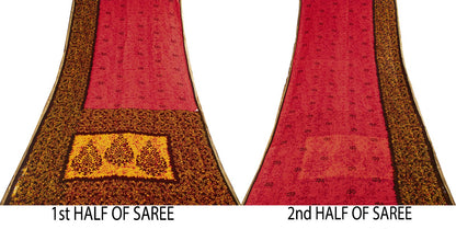 Sanskriti Vintage Saree Red Pure Cotton Batik Style Printed Sari Fabric 5+Yard