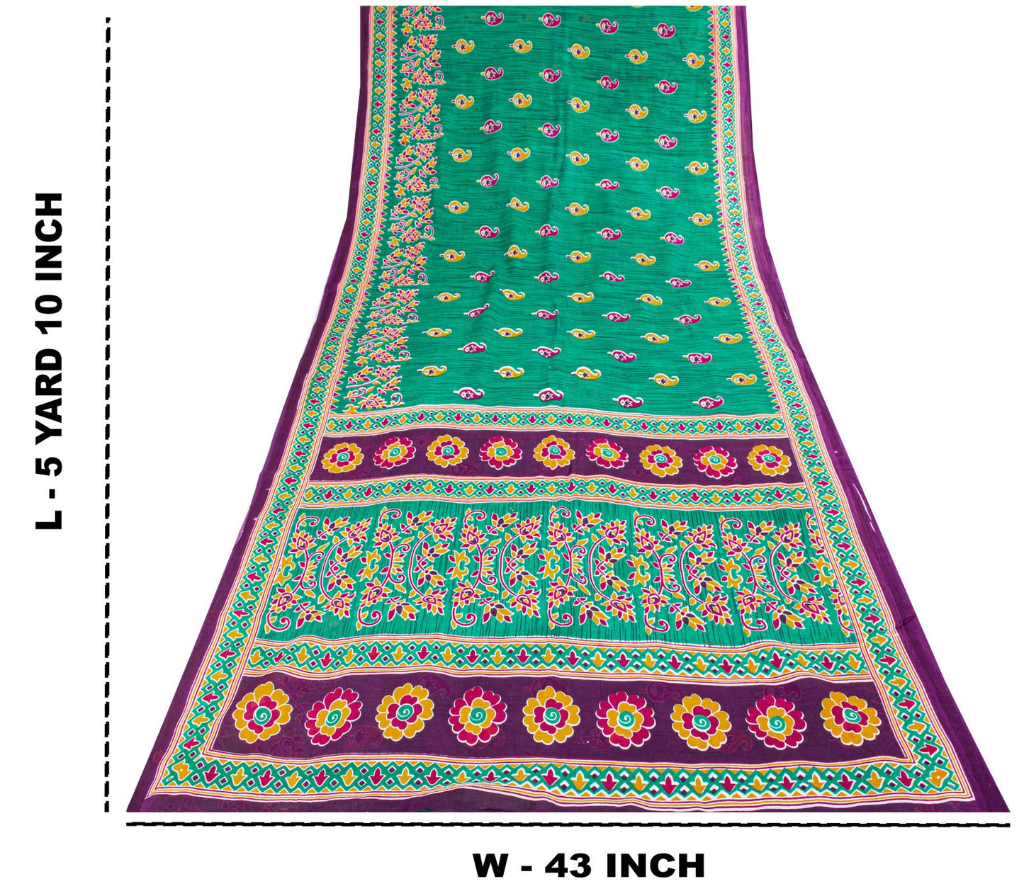 Sanskriti Vintage Saree Green Pure Cotton Floral Print Sari Craft Fabric 5+Yard