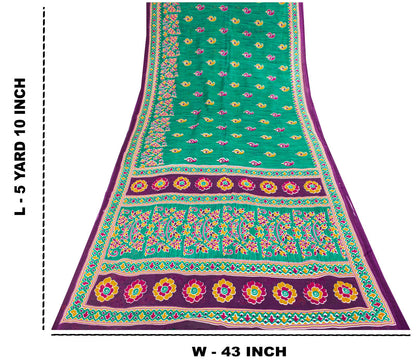 Sanskriti Vintage Saree Green Pure Cotton Floral Print Sari Craft Fabric 5+Yard
