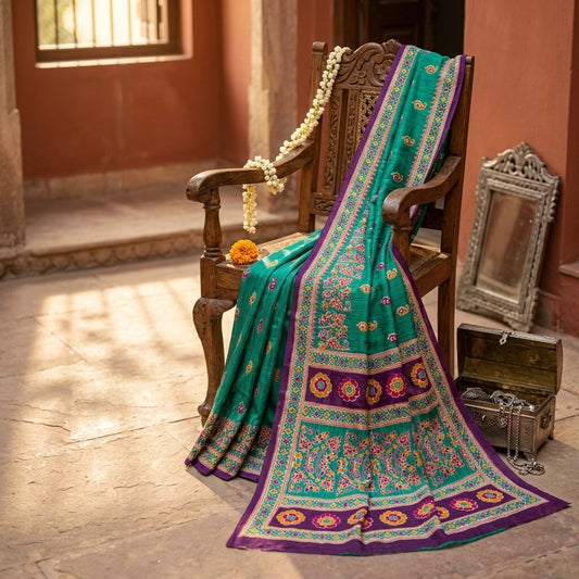 Sanskriti Vintage Saree Green Pure Cotton Floral Print Sari Craft Fabric 5+Yard