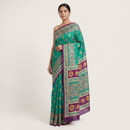 Sanskriti Vintage Saree Green Pure Cotton Floral Print Sari Craft Fabric 5+Yard