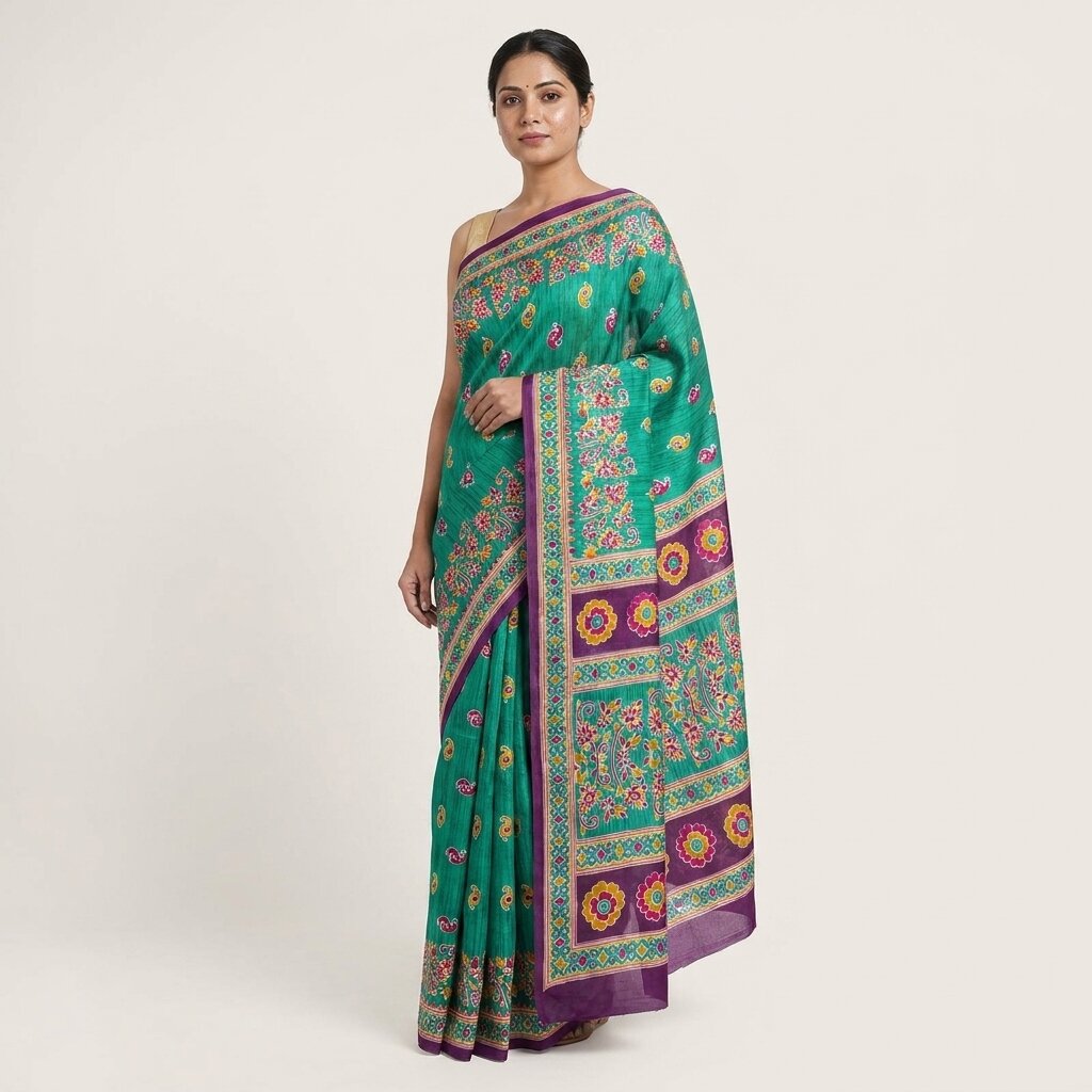 Sanskriti Vintage Saree Green Pure Cotton Floral Print Sari Craft Fabric 5+Yard