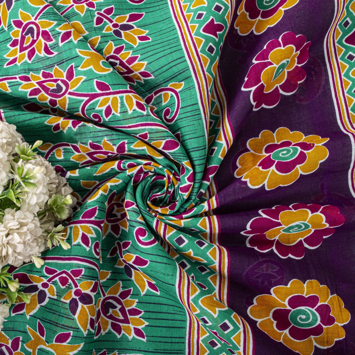 Sanskriti Vintage Saree Green Pure Cotton Floral Print Sari Craft Fabric 5+Yard
