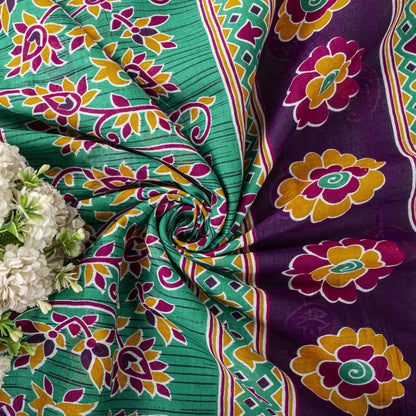 Sanskriti Vintage Saree Green Pure Cotton Floral Print Sari Craft Fabric 5+Yard
