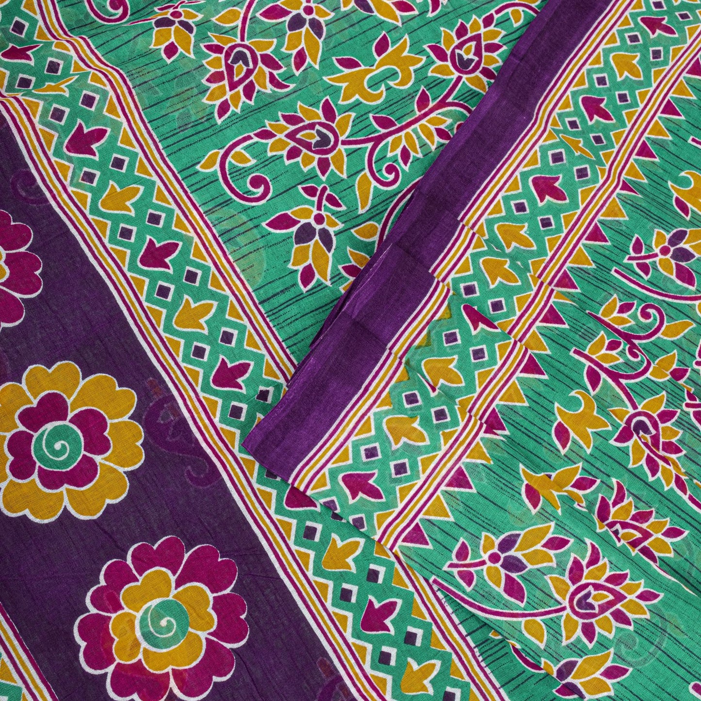 Sanskriti Vintage Saree Green Pure Cotton Floral Print Sari Craft Fabric 5+Yard