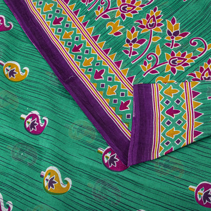 Sanskriti Vintage Saree Green Pure Cotton Floral Print Sari Craft Fabric 5+Yard