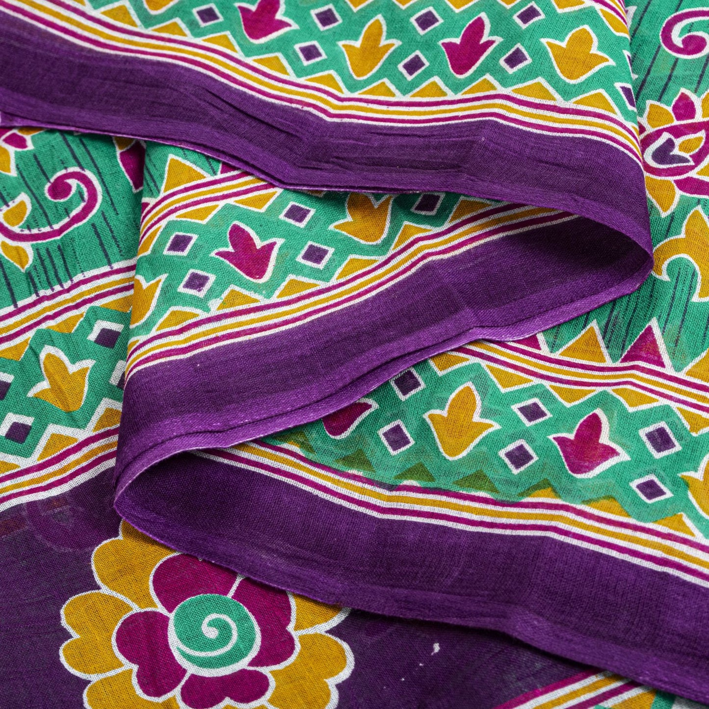 Sanskriti Vintage Saree Green Pure Cotton Floral Print Sari Craft Fabric 5+Yard