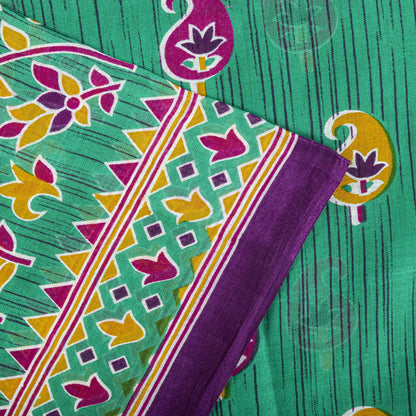 Sanskriti Vintage Saree Green Pure Cotton Floral Print Sari Craft Fabric 5+Yard