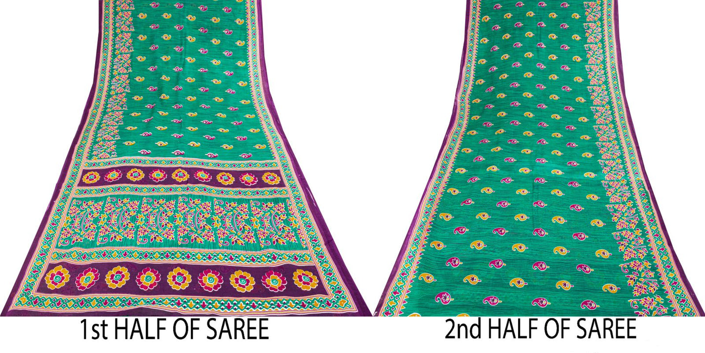 Sanskriti Vintage Saree Green Pure Cotton Floral Print Sari Craft Fabric 5+Yard
