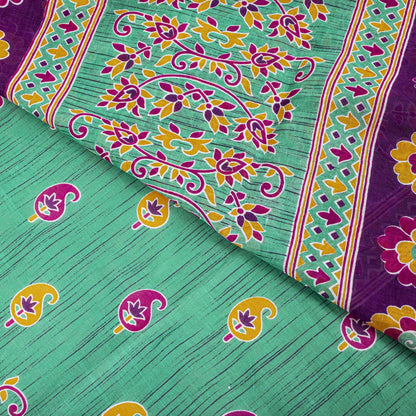 Sanskriti Vintage Saree Green Pure Cotton Floral Print Sari Craft Fabric 5+Yard