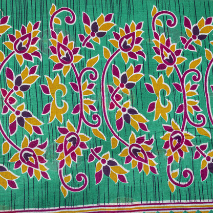 Sanskriti Vintage Saree Green Pure Cotton Floral Print Sari Craft Fabric 5+Yard