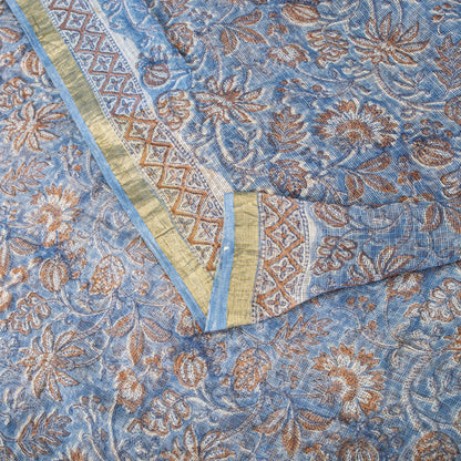 Sanskriti Vintage Saree Blue Pure Cotton Kota Woven Hand Block Kalamkari 6YD Sari