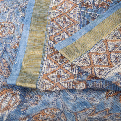 Sanskriti Vintage Saree Blue Pure Cotton Kota Woven Hand Block Kalamkari 6YD Sari