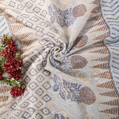 Sanskriti Vintage Saree Blue Pure Cotton Kota Woven Hand Block Kalamkari 6YD Sari