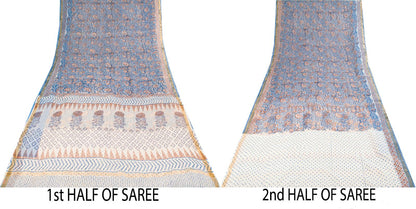 Sanskriti Vintage Saree Blue Pure Cotton Kota Woven Hand Block Kalamkari 6YD Sari