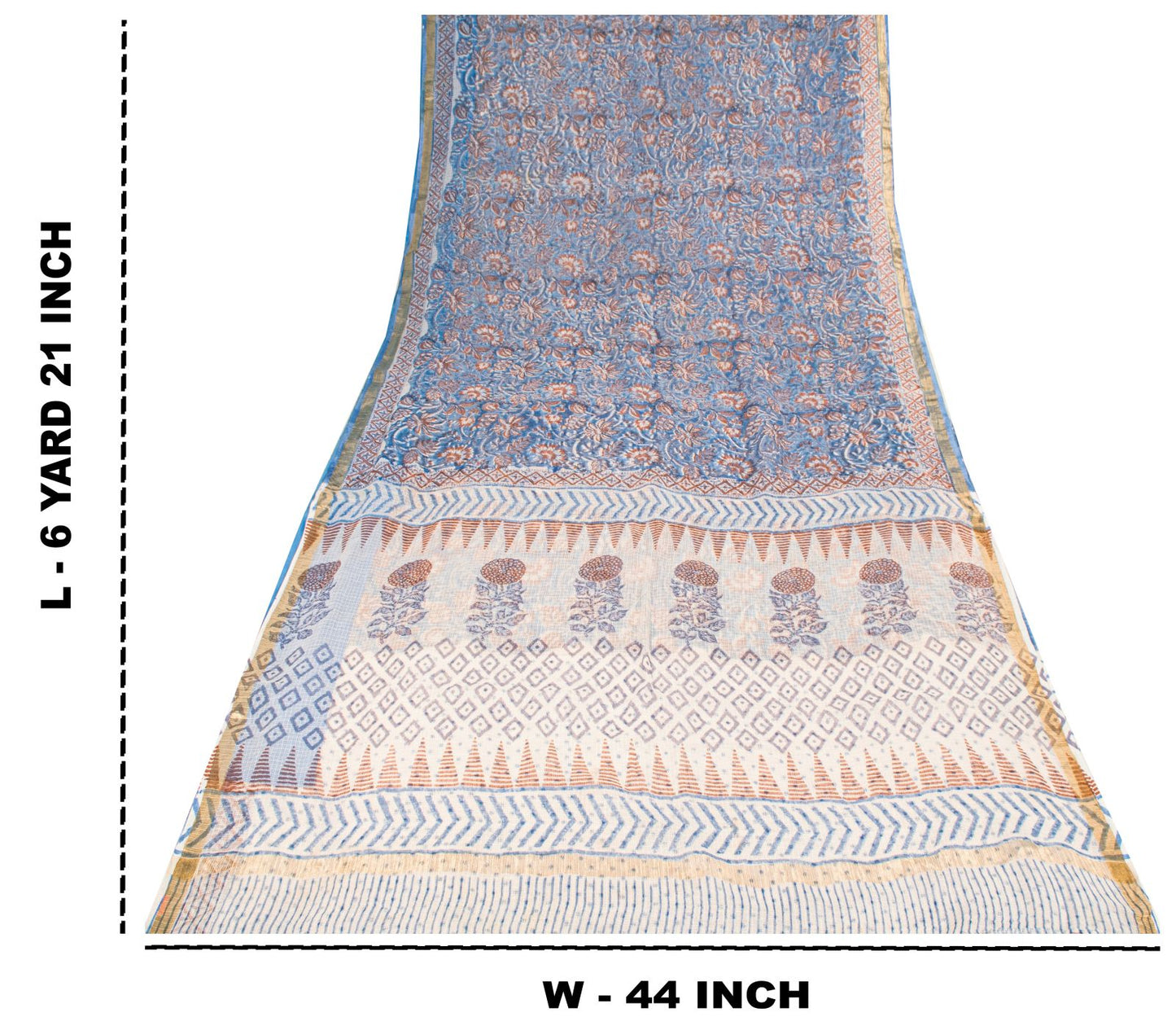 Sanskriti Vintage Saree Blue Pure Cotton Kota Woven Hand Block Kalamkari 6YD Sari