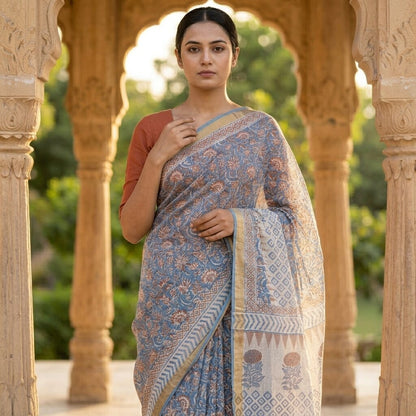 Sanskriti Vintage Saree Blue Pure Cotton Kota Woven Hand Block Kalamkari 6YD Sari