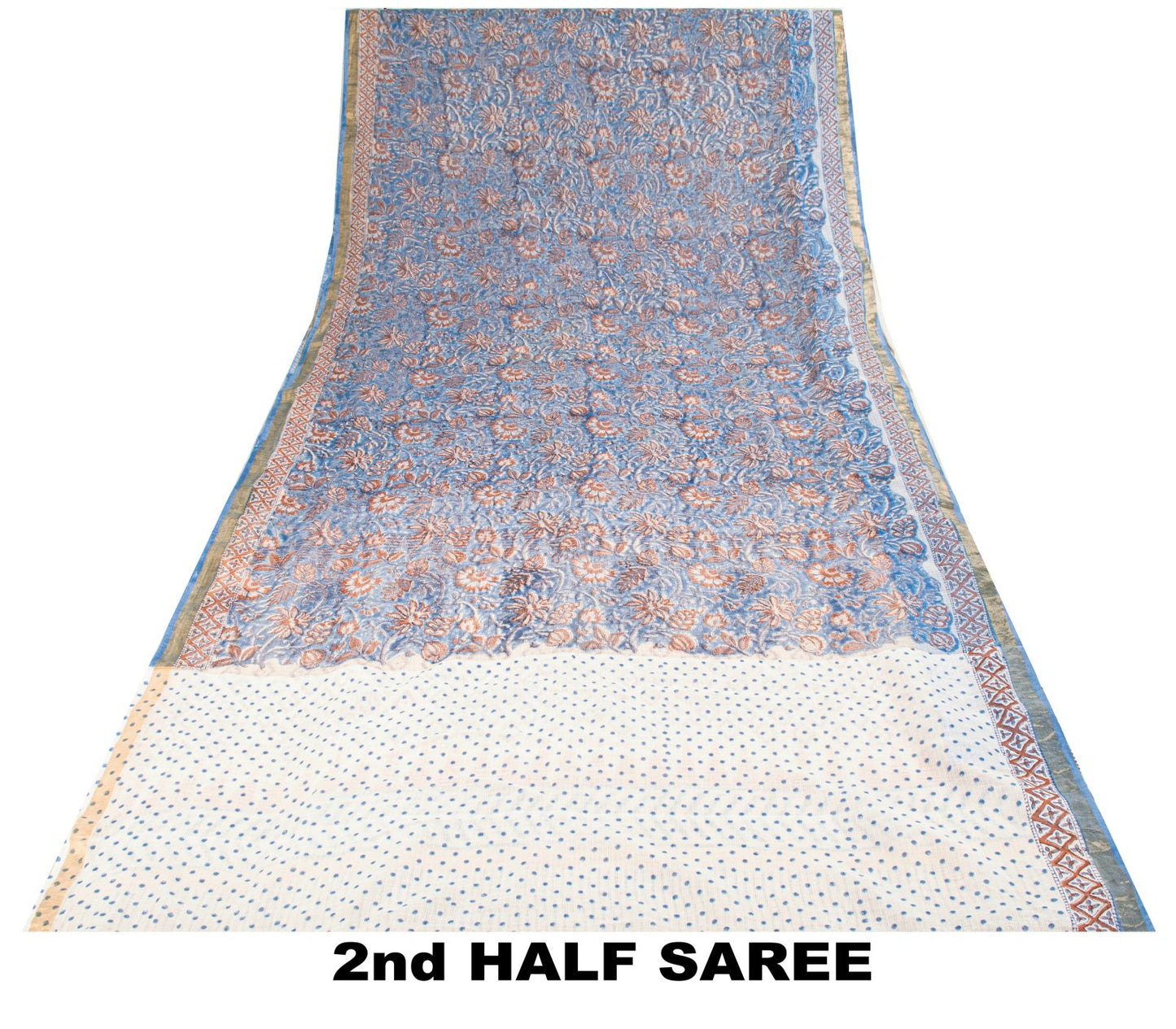 Sanskriti Vintage Saree Blue Pure Cotton Kota Woven Hand Block Kalamkari 6YD Sari