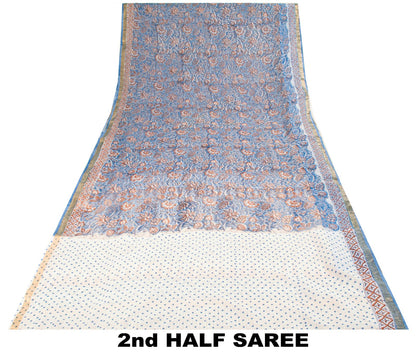 Sanskriti Vintage Saree Blue Pure Cotton Kota Woven Hand Block Kalamkari 6YD Sari