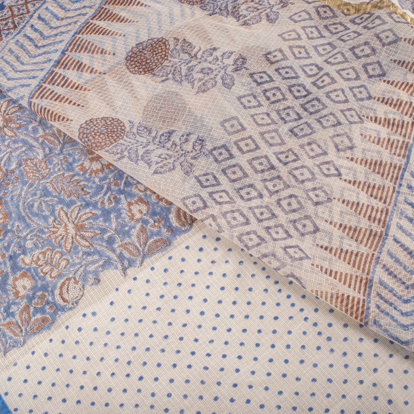 Sanskriti Vintage Saree Blue Pure Cotton Kota Woven Hand Block Kalamkari 6YD Sari