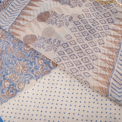 Sanskriti Vintage Saree Blue Pure Cotton Kota Woven Hand Block Kalamkari 6YD Sari
