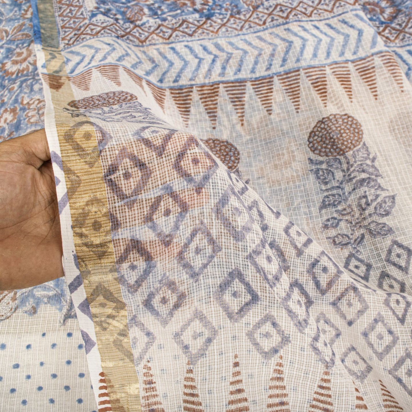 Sanskriti Vintage Saree Blue Pure Cotton Kota Woven Hand Block Kalamkari 6YD Sari