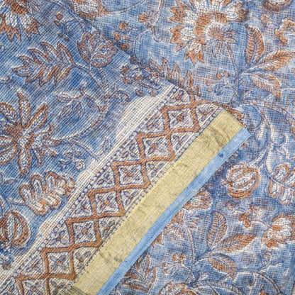 Sanskriti Vintage Saree Blue Pure Cotton Kota Woven Hand Block Kalamkari 6YD Sari