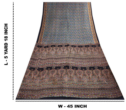Sanskriti Vintage Saree Blue 100% Pure Cotton Floral Print Sari Fabric 5.5+Yard