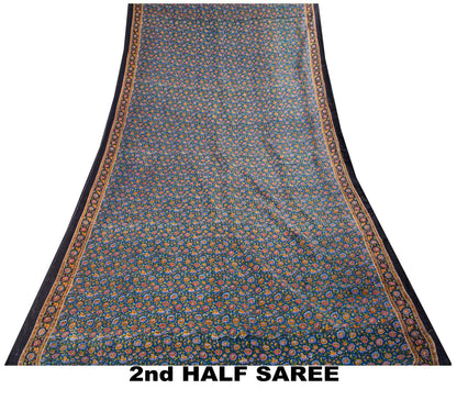 Sanskriti Vintage Saree Blue 100% Pure Cotton Floral Print Sari Fabric 5.5+Yard