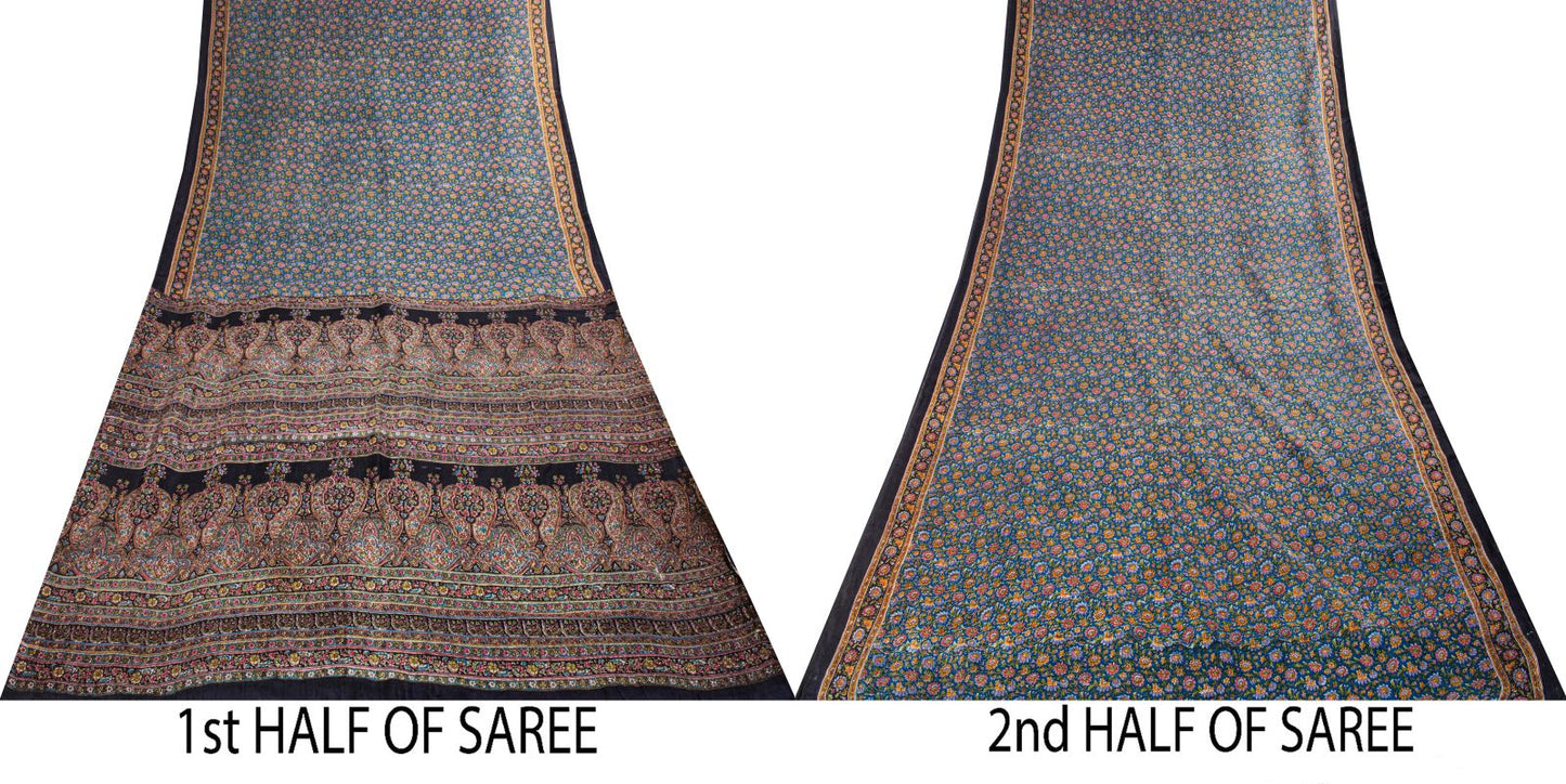 Sanskriti Vintage Saree Blue 100% Pure Cotton Floral Print Sari Fabric 5.5+Yard