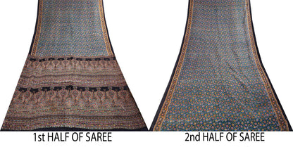 Sanskriti Vintage Saree Blue 100% Pure Cotton Floral Print Sari Fabric 5.5+Yard