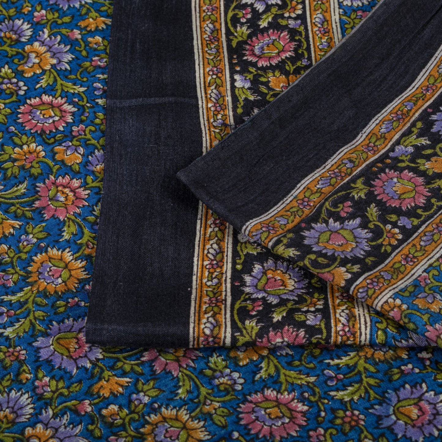 Sanskriti Vintage Saree Blue 100% Pure Cotton Floral Print Sari Fabric 5.5+Yard