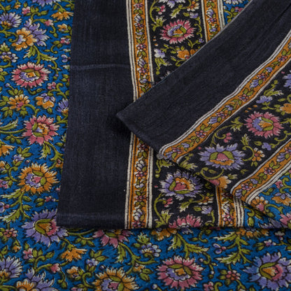 Sanskriti Vintage Saree Blue 100% Pure Cotton Floral Print Sari Fabric 5.5+Yard