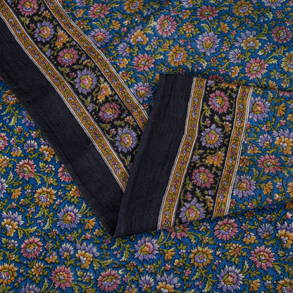 Sanskriti Vintage Saree Blue 100% Pure Cotton Floral Print Sari Fabric 5.5+Yard