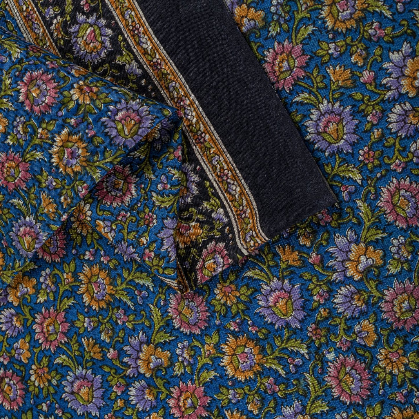 Sanskriti Vintage Saree Blue 100% Pure Cotton Floral Print Sari Fabric 5.5+Yard