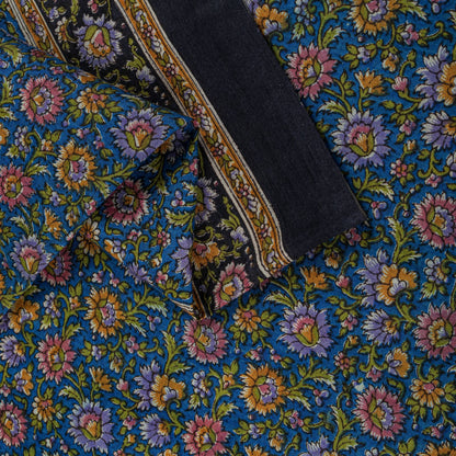 Sanskriti Vintage Saree Blue 100% Pure Cotton Floral Print Sari Fabric 5.5+Yard