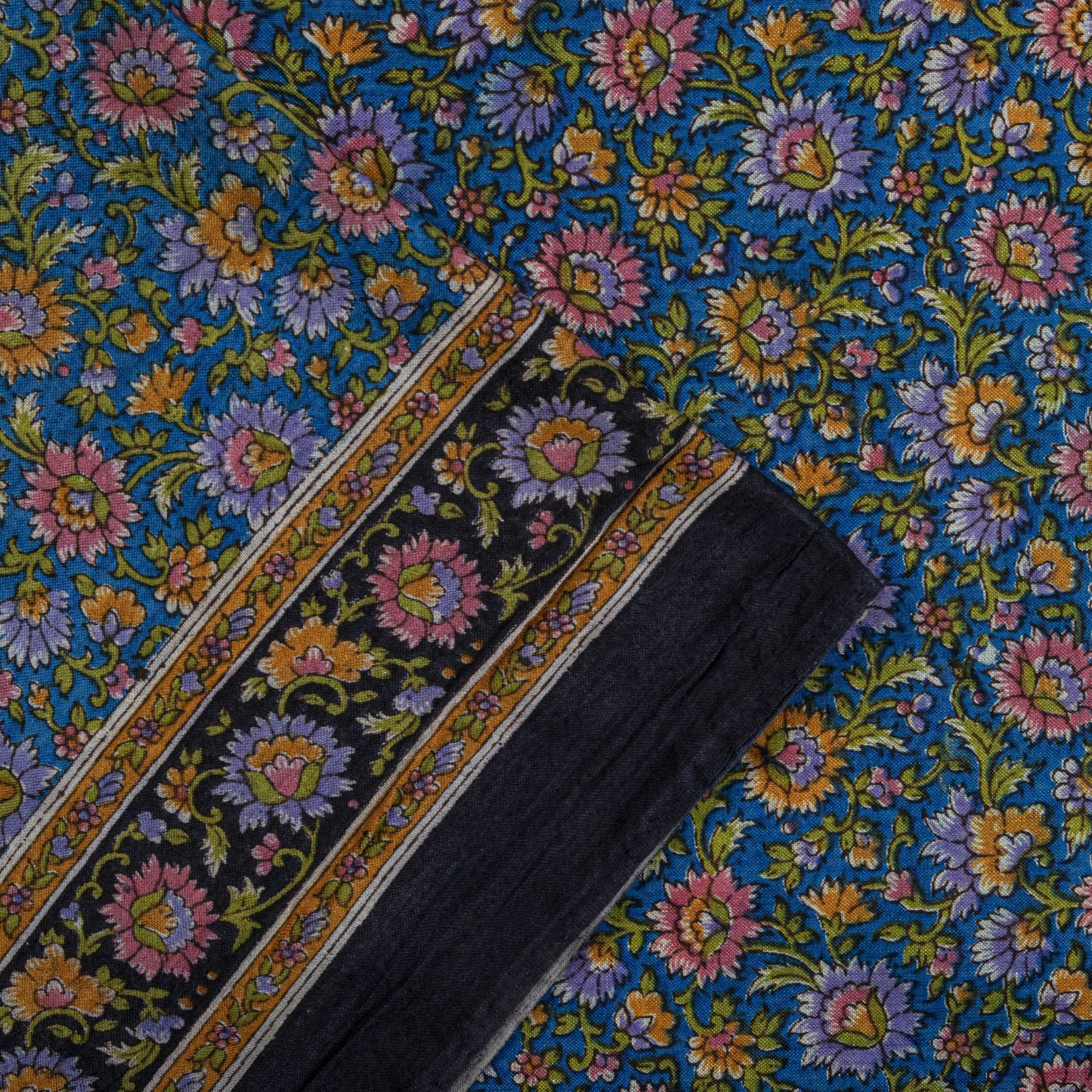 Sanskriti Vintage Saree Blue 100% Pure Cotton Floral Print Sari Fabric 5.5+Yard