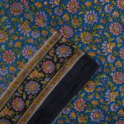 Sanskriti Vintage Saree Blue 100% Pure Cotton Floral Print Sari Fabric 5.5+Yard