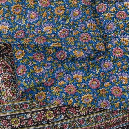 Sanskriti Vintage Saree Blue 100% Pure Cotton Floral Print Sari Fabric 5.5+Yard