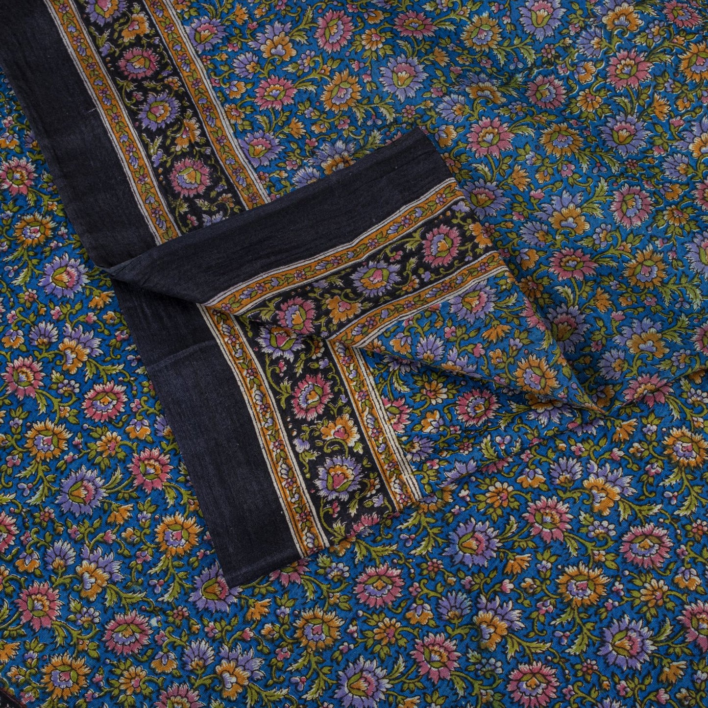 Sanskriti Vintage Saree Blue 100% Pure Cotton Floral Print Sari Fabric 5.5+Yard