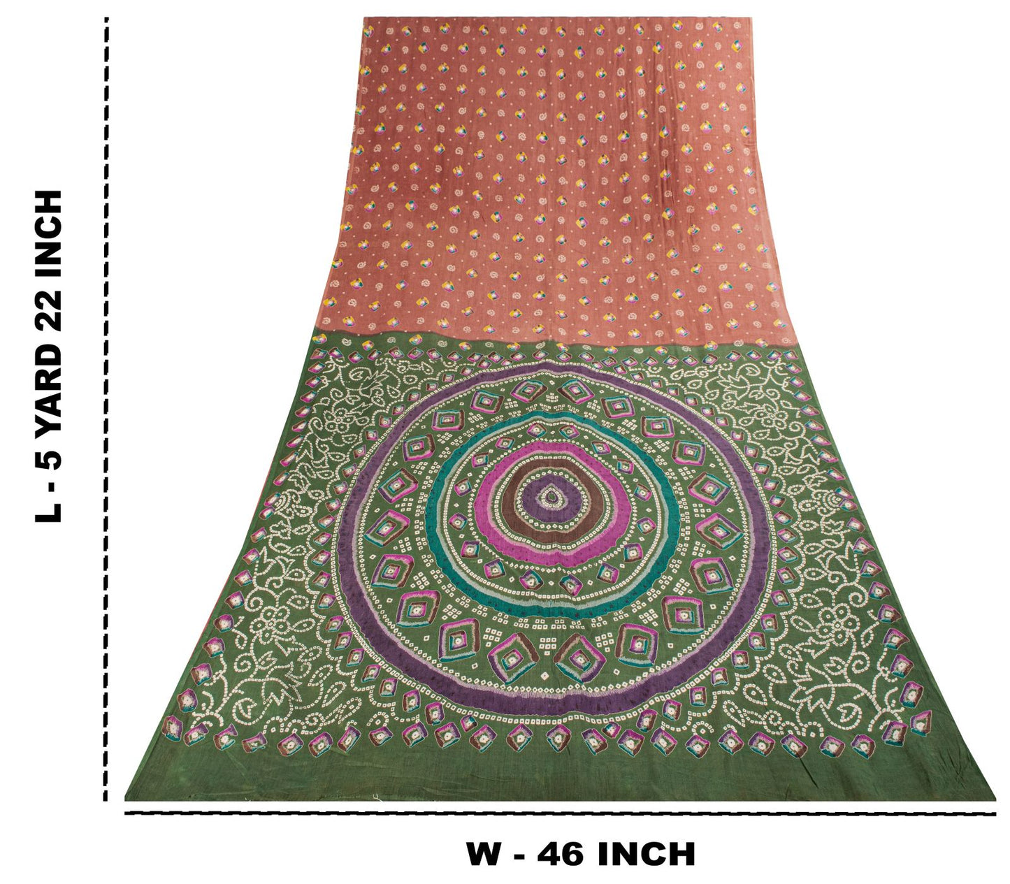 Sanskriti Vintage Saree Peach 100% Pure Cotton Bandhani Print Sari Fabric 5+Yard