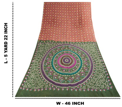 Sanskriti Vintage Saree Peach 100% Pure Cotton Bandhani Print Sari Fabric 5+Yard