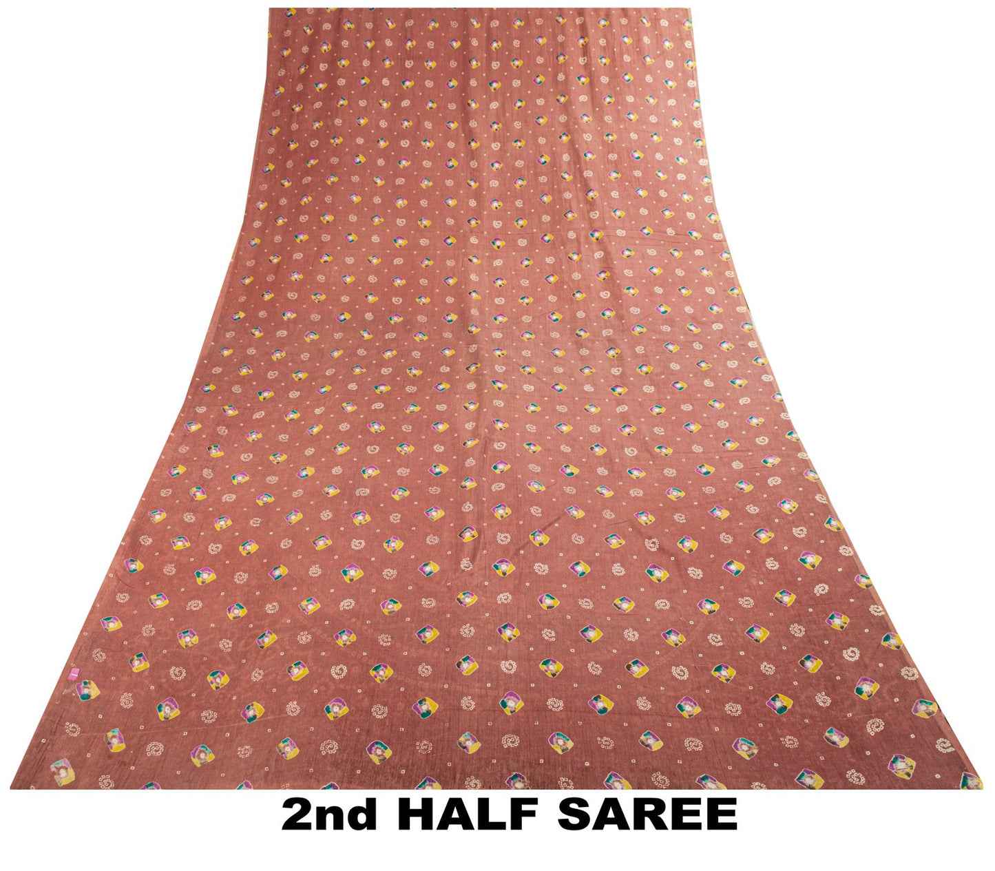 Sanskriti Vintage Saree Peach 100% Pure Cotton Bandhani Print Sari Fabric 5+Yard