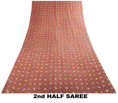 Sanskriti Vintage Saree Peach 100% Pure Cotton Bandhani Print Sari Fabric 5+Yard