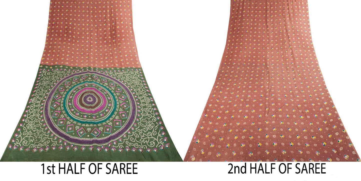 Sanskriti Vintage Saree Peach 100% Pure Cotton Bandhani Print Sari Fabric 5+Yard